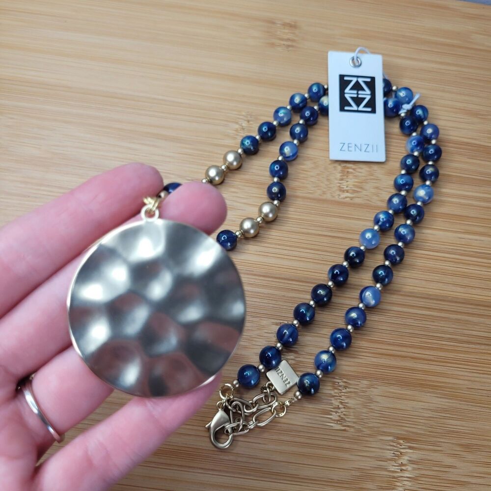 Zenzii Statement Beaded Long Necklace Auquamarine Blue Metalic Gold